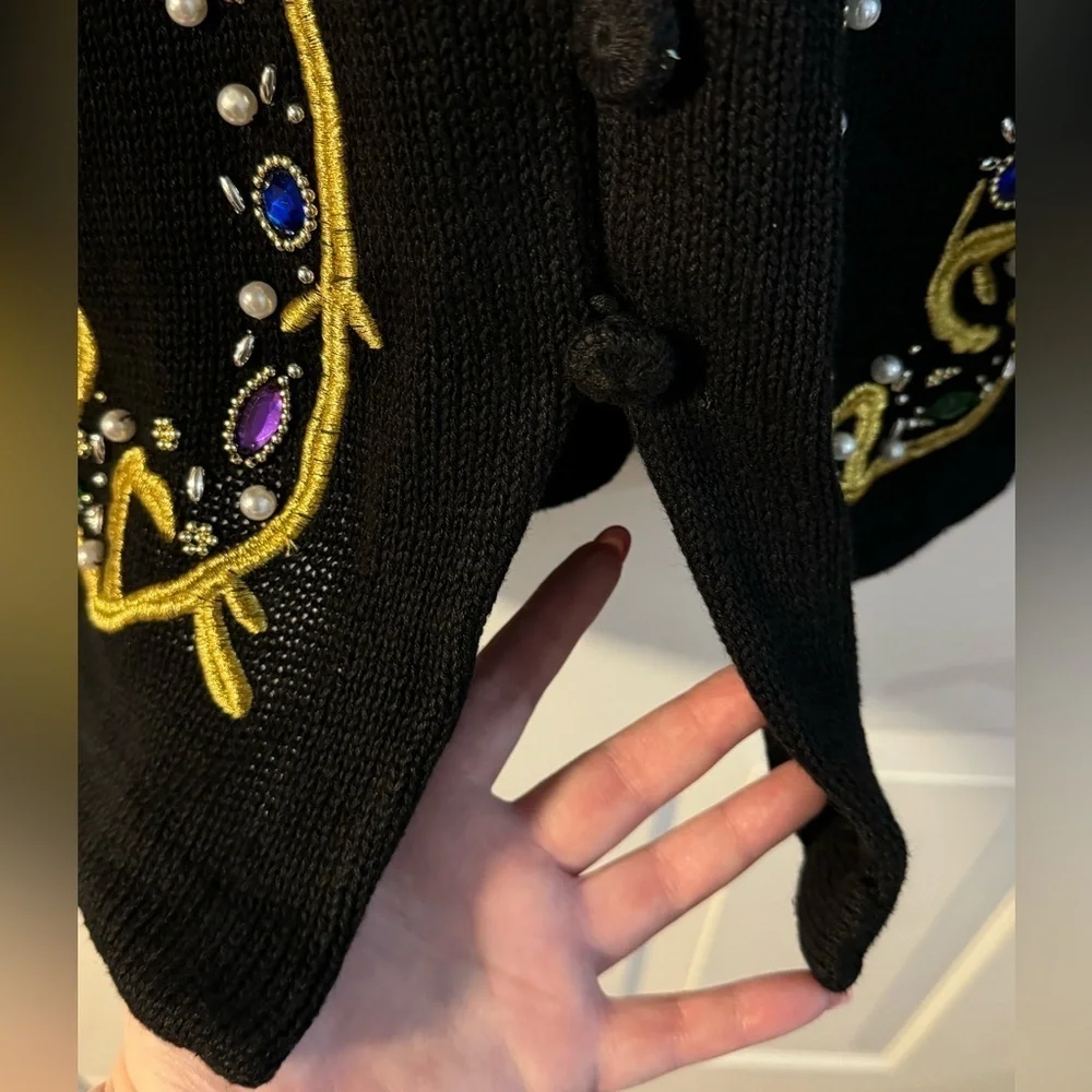 80’s Victoria Jones Embroidered Beaded Embellished Black Gold Cardigan Fran Fine - Picture 5 of 14